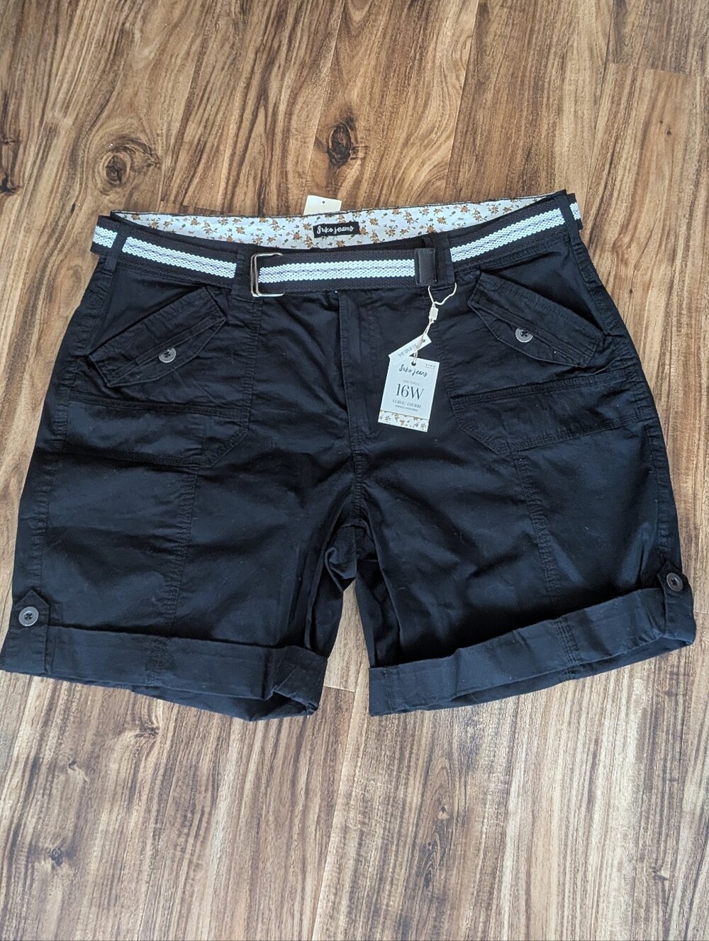 Suko Jeans Black Cargo Shorts with Woven Belt